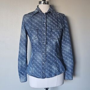 Vintage Guess Y2K Monogram Button-Up Shirt - Size Small - Denim Look